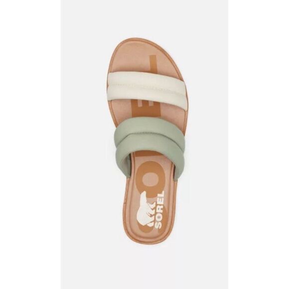 Sorel Ella Puff Slide Slip On Womens Sz 8.5 Sandals Green Tan Shoes Summer Beach - Picture 1 of 15